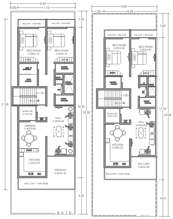 25m×8m 2BHK Home Layout AutoCAD DWG Floor Plan File