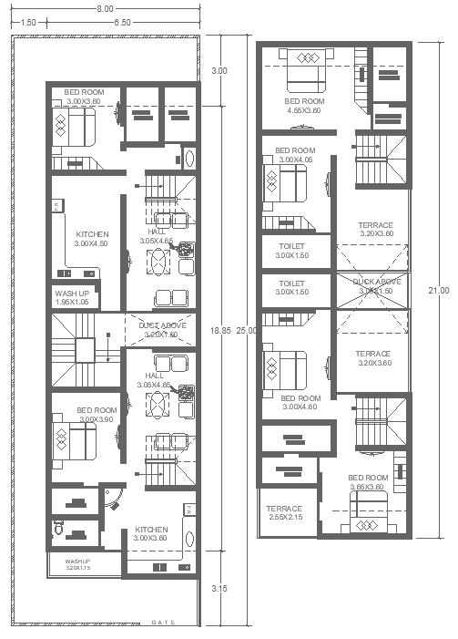 AutoCAD DWG 3BHK Floor Plan Design for 25m×8m House Plot