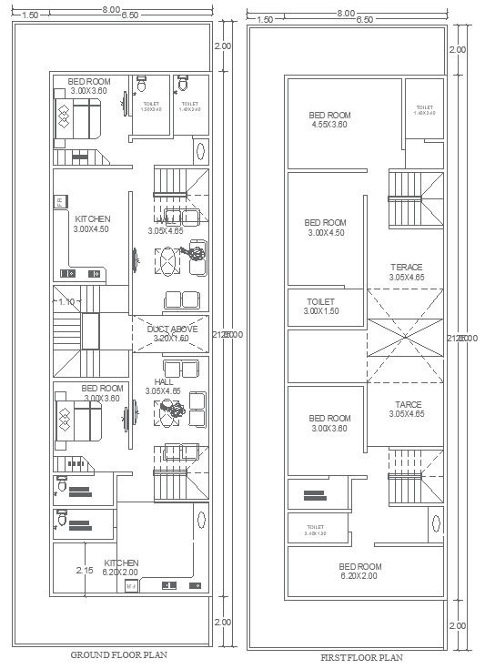 Residential Layout DWG File 25m×8m Ground First Floor