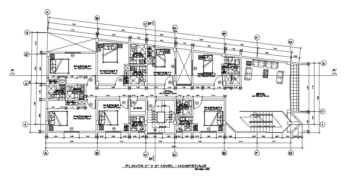 25x10m 2nd & 3rd floor house plan is given in this AutoCAD drawing model.Download now.