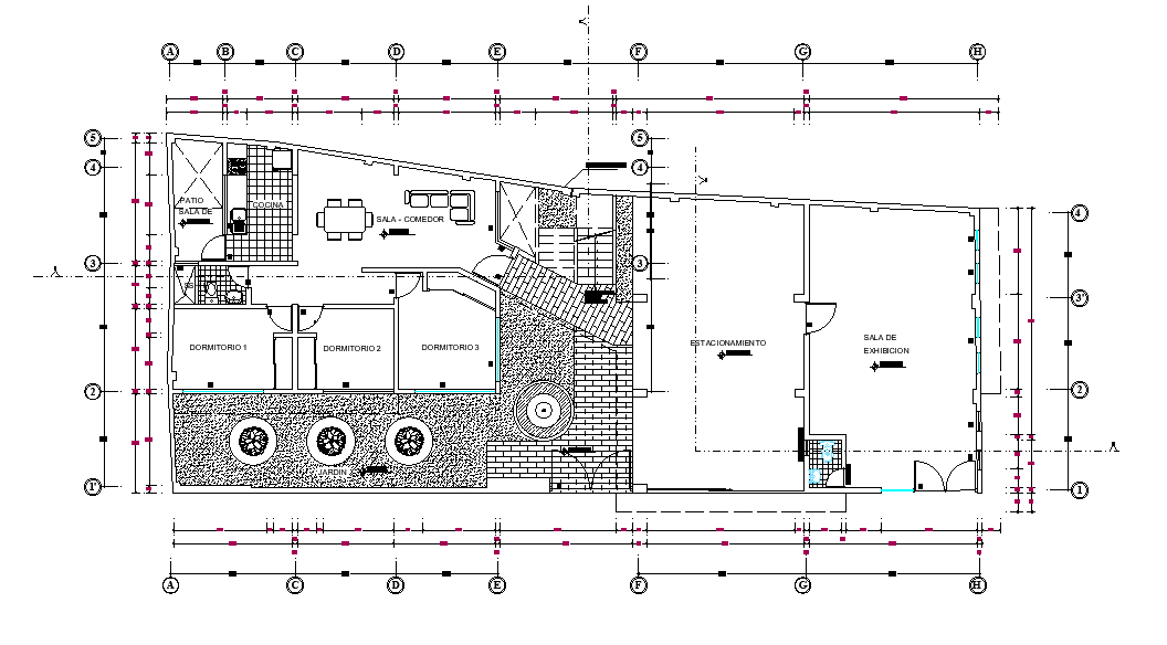 25x11m house plan is given in this Autocad drawing file. Download the Autocad file.
