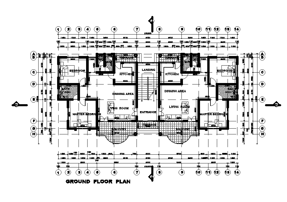 25x13m ground floor twin house plan is given in this Autocad drawing file. Download now.