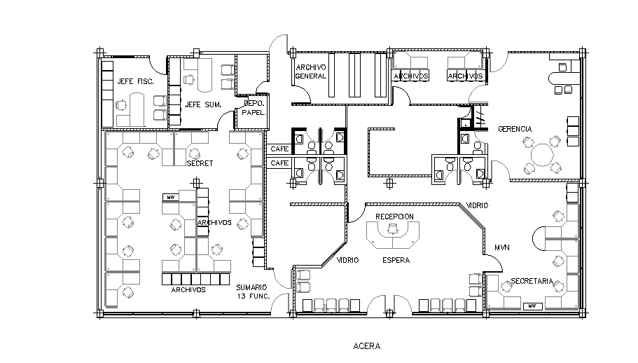 25x14m office plan is given in this Autocad drawing model. Download now.