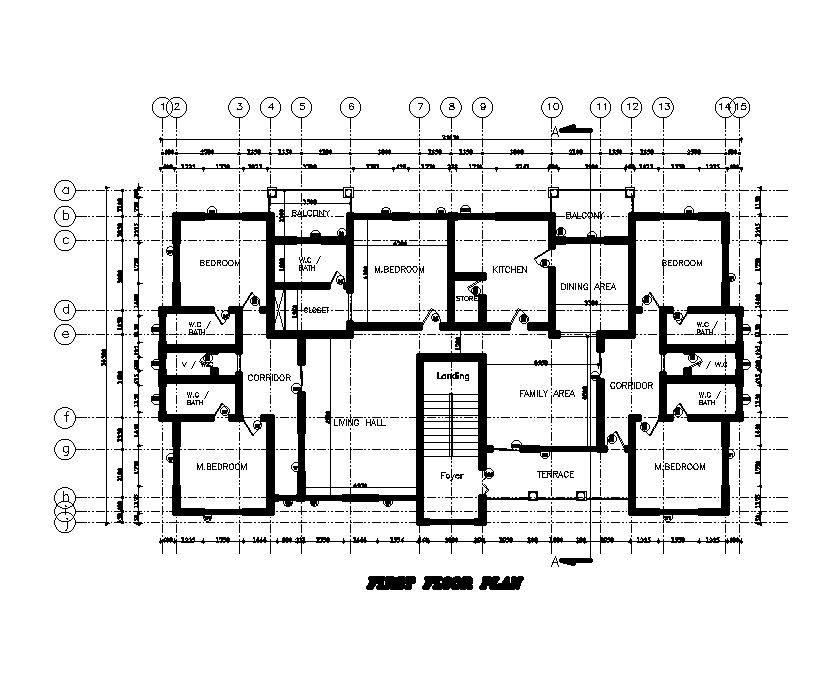 25x15m first floor plan of residential building is given in this Autocad drawing model. Download now.