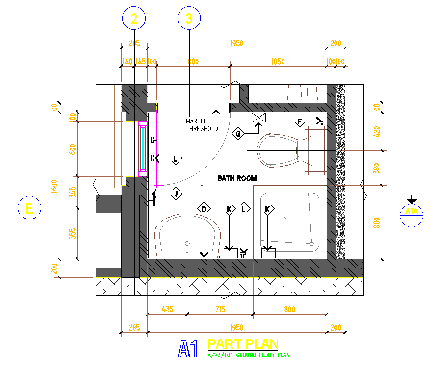 2.5x1.9m bathroom plan is given in this AutoCAD drawing model. Download now.