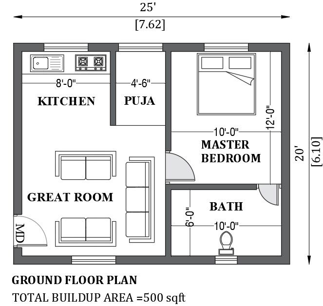 25'x20' house plan as per vastu shastra is given in this FREE 2D Autocad drawing file. Download now.