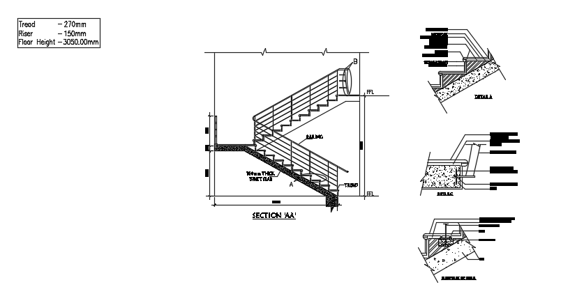 25x20m house building staircase section and detail drawings are given