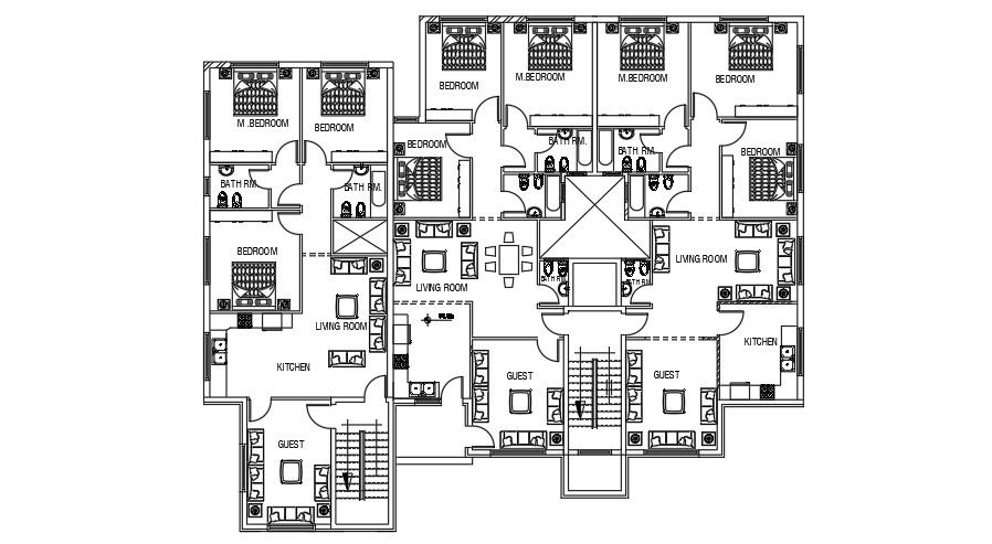 3BHK Apartment Plan 25x21m with Furniture Layout DWG file