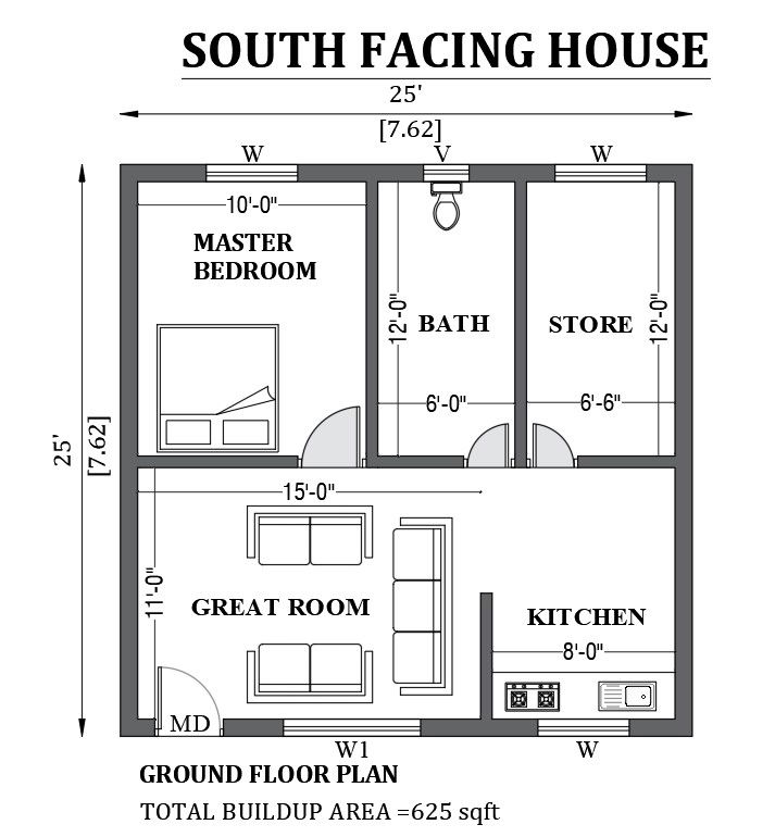 25’x25’ South facing house design as per vastu shastra is given in this FREE 2D Autocad drawing file. Download now.