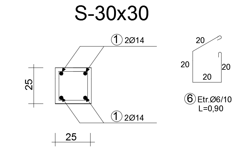 25x25cm column cross section with reinforcement detail drawing
