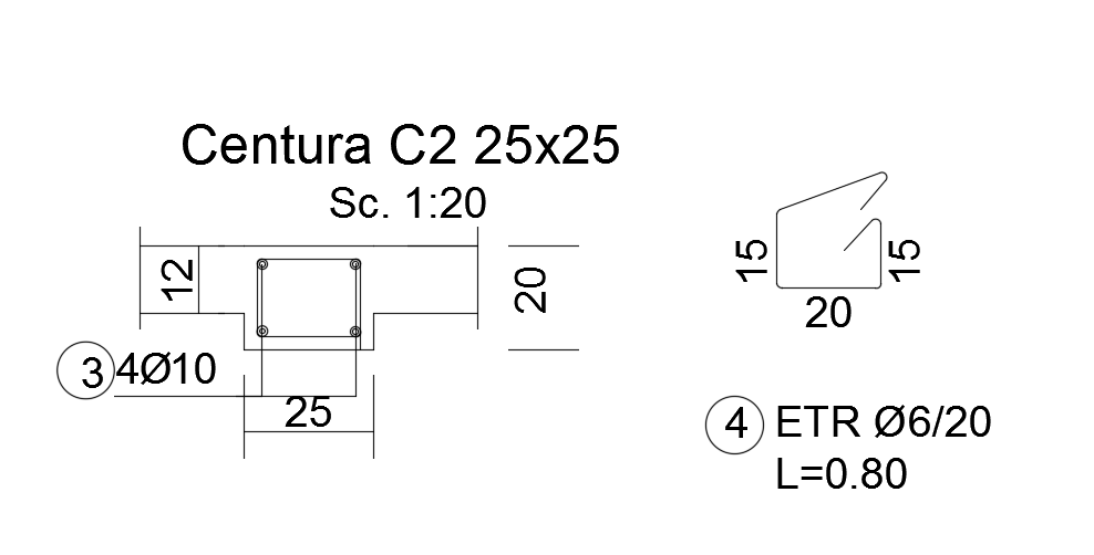25x25cm column cum belt beam drawing is given in this cad file