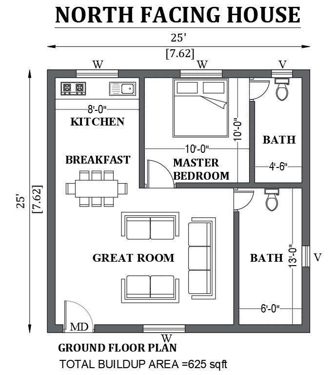 25'x25' north facing house design as per vastu shastra is given in this FREE 2D Autocad drawing file. Download now.