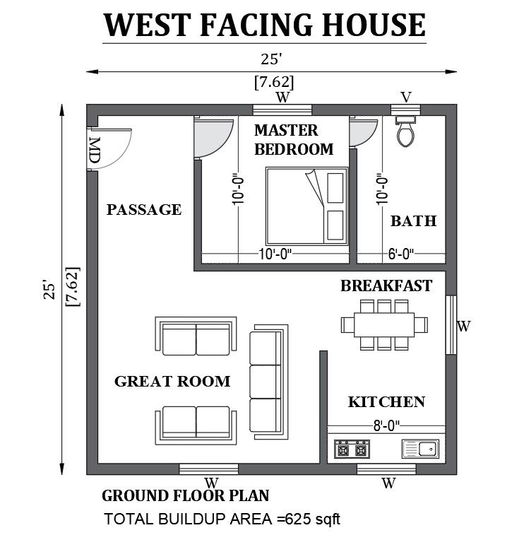 25'x25' west facing house design as per vastu shastra is given in this FREE 2D Autocad drawing file. Download now.