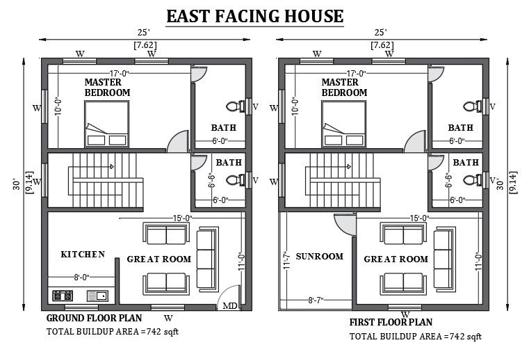 25'x30' East facing house design as per vastu shastra is given in this FREE 2D Auto cad drawing file. Download now.