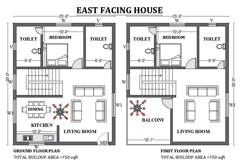 25’x30’ East facing house plan design as per vastu shastra is given in this FREE 2D Autocad drawing file. Download now.
