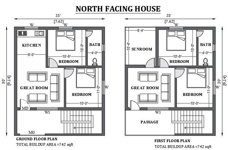 25'x30' North facing house plan as per vastu shastra is given in this FREE 2D Auto cad drawing file. Download now.