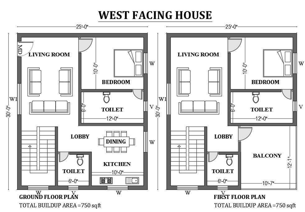 25’x30' West facing house plan as per vastu shastra is given in this FREE 2D Autocad drawing file. Download now.