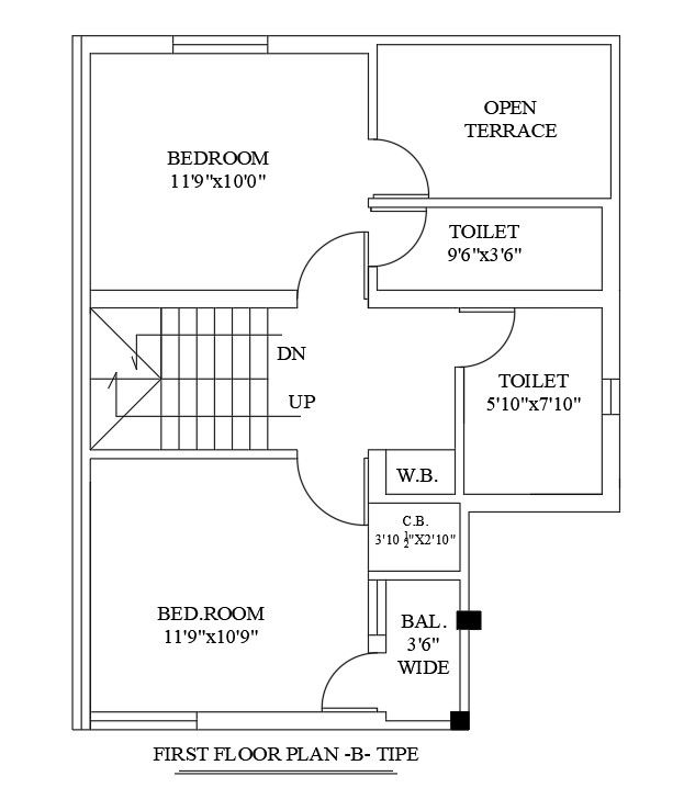 25’x34’ first floor B type house plan is given in this Autocad drawing file.Download now.
