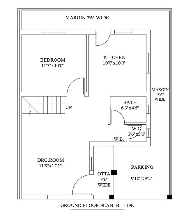 25’x34’ ground floor B type house plan is given in this Autocad drawing file.Download now.