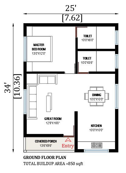 25’x34’ house plan is given in this AutoCAD drawing model. Total built up area is 850 SQFT. Download now.