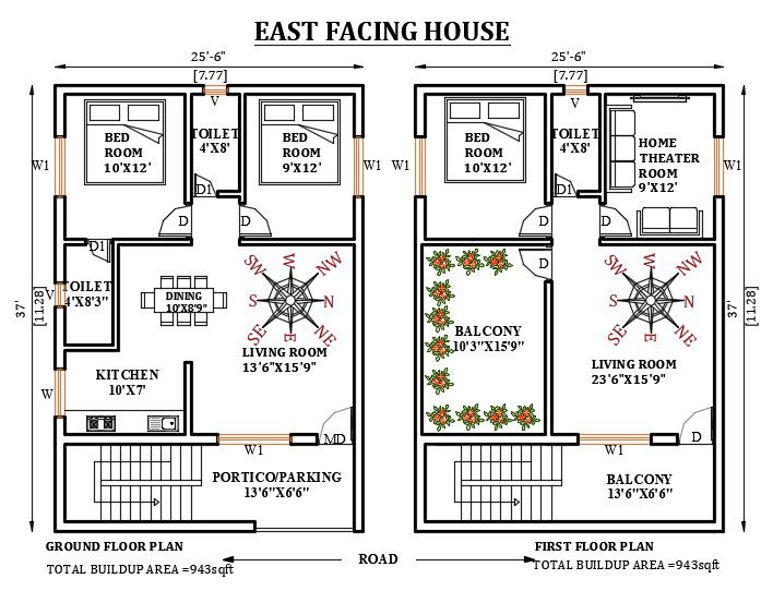 25’x37’ east facing house plan is given in this Autocad drawing file. Download now.