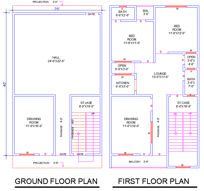 25x40 House Plan AutoCAD File with 2 Bedrooms and 3 Living Rooms