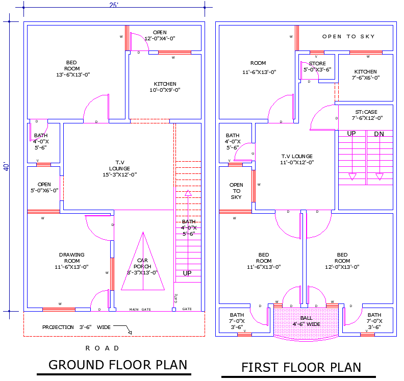 25'x40' House Plan DWG with 4 Bedrooms and 3 TV Lounges