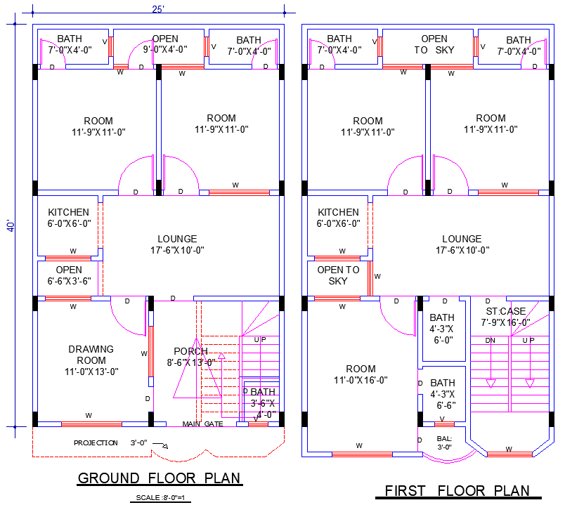 25x40 House Plan CAD Drawing with 5 Bedrooms and 3 Living Rooms