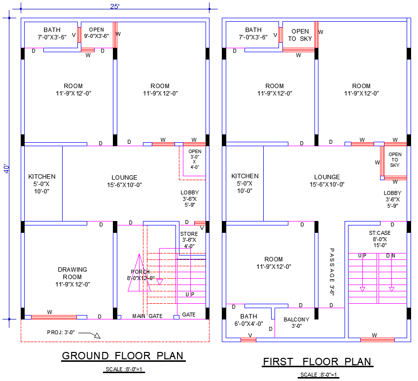25x40 House Plan DWG CAD File with 5 Bedrooms and 3 TV Lounges