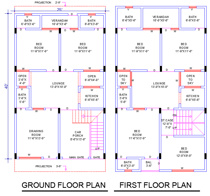 Spacious 25x40 House Plan DWG with 6 Bedrooms and 3 Living Rooms