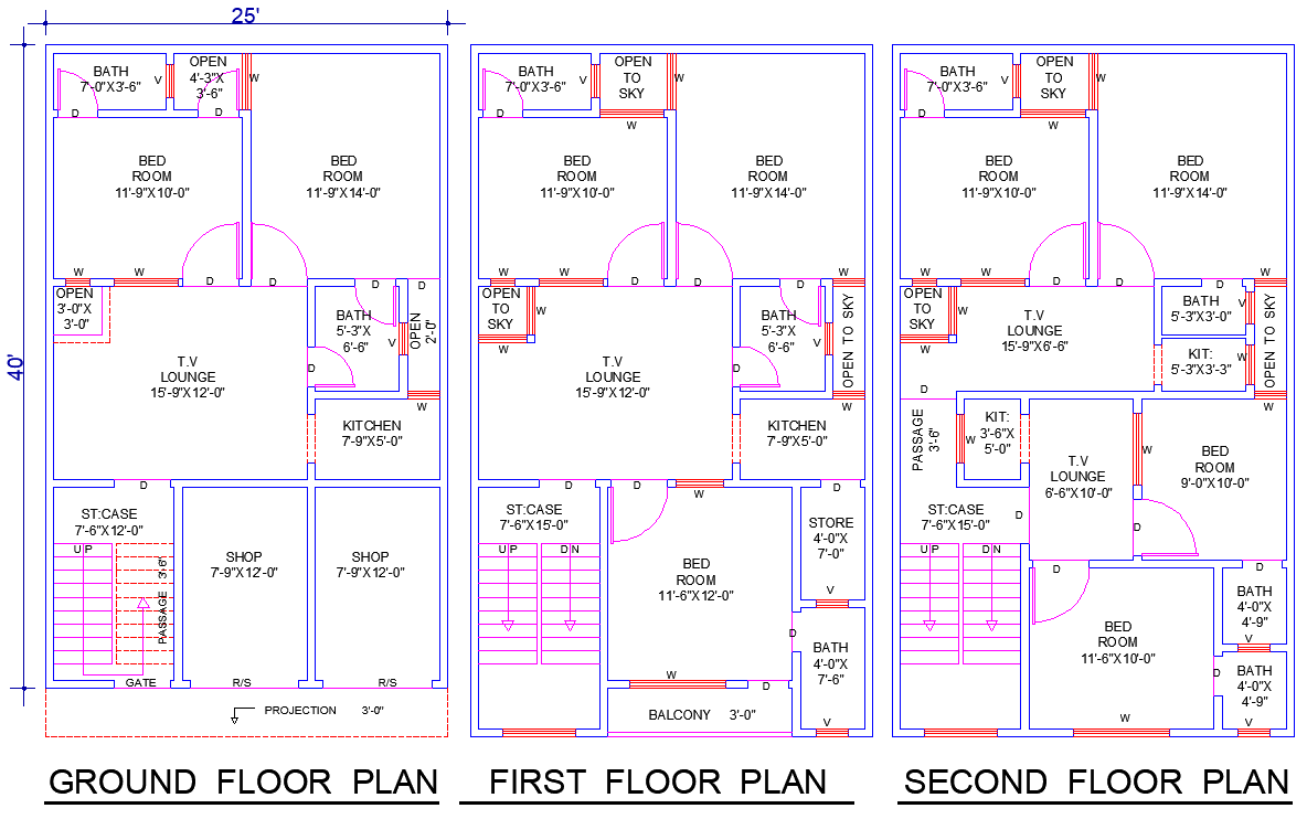 25x40 House Plan CAD Drawing File with 9 Bedrooms Lounges and Shops