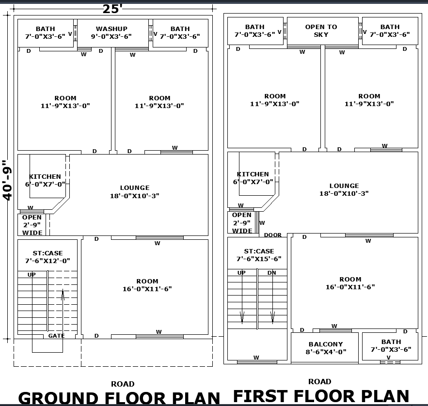 Two-Story 25×40 House Floor Plan in AutoCAD DWG File
