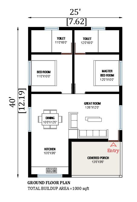 25’x40’ house plan is given in this AutoCAD drawing file. Download the Autocad model.