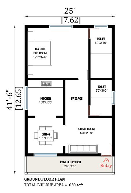 25’x42’ house plan is given in this AutoCAD drawing file.Download now.