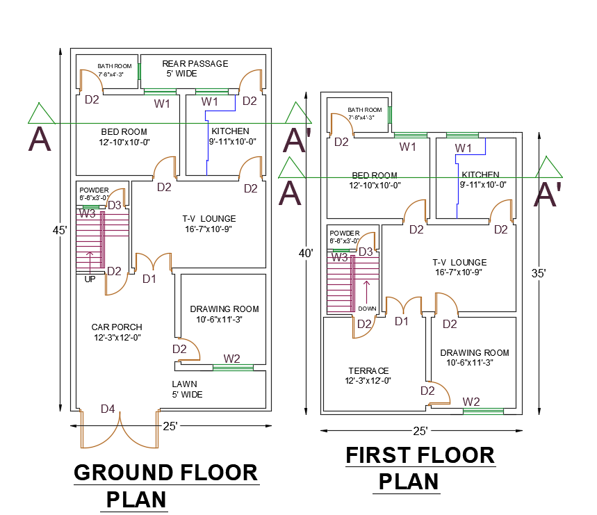 25x45 Feet House Plan Drawing Download DWG File