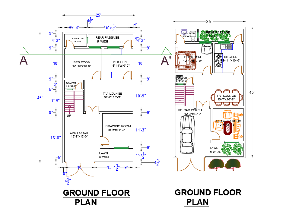 25'x45' House Plan Drawing Download DWG File