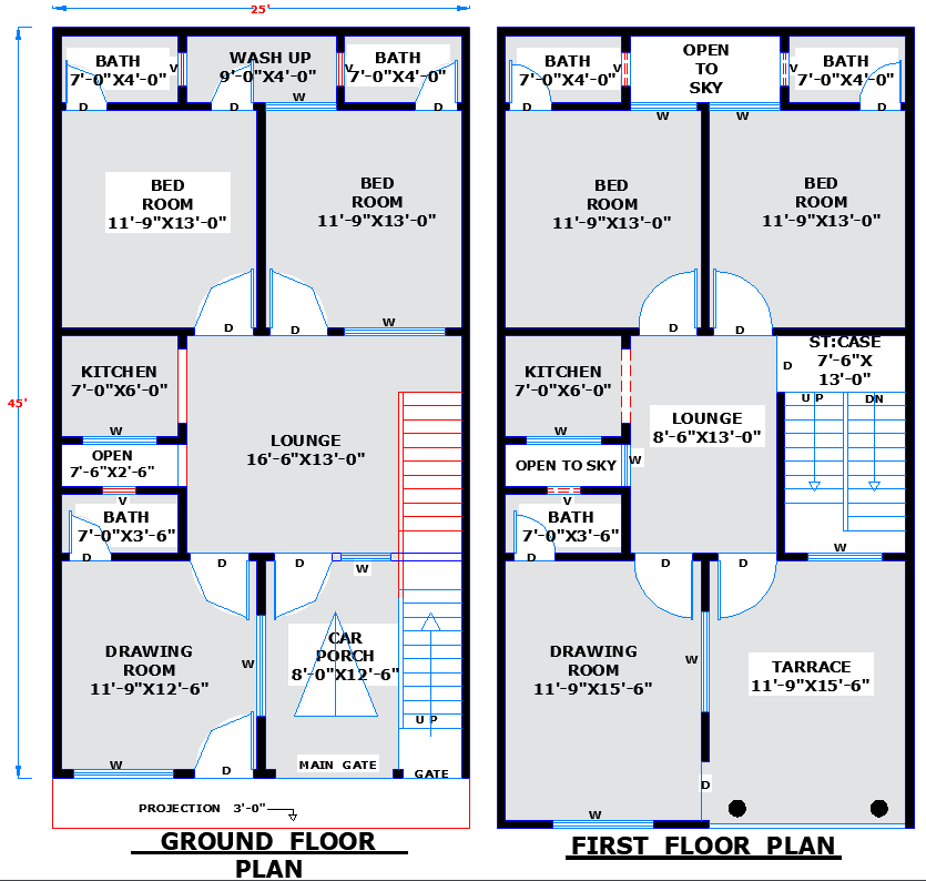 25x46 two-storey residential house plan in CAD File