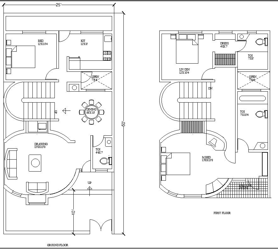 25' x 50' South Facing Ground Floor And First Floor Plan Dwg File.