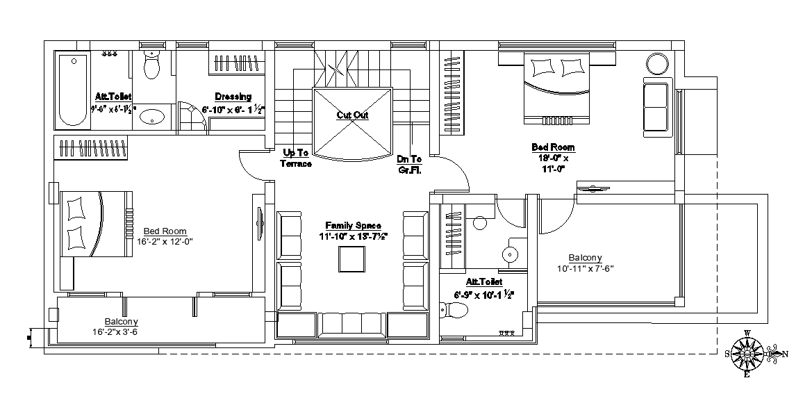 25x60 first floor house plan is given in this AutoCAD drawing model. Download now.