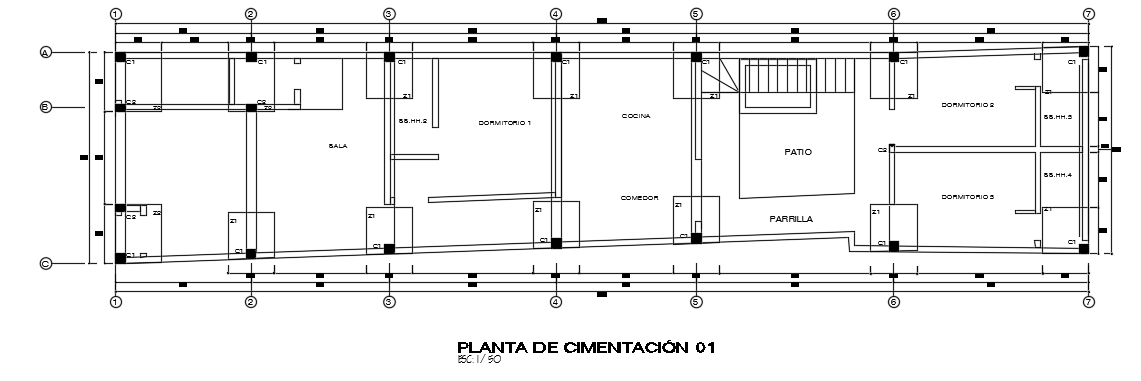 25x6m house plan foundation layout AutoCAD model