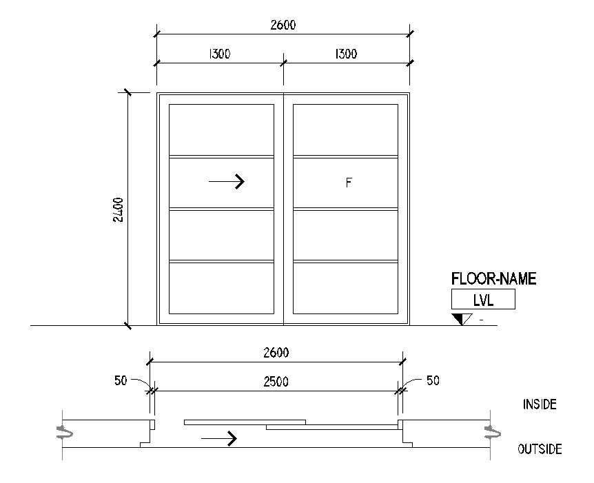 2600x2400mm door plan is given in Autocad drawing file. Download now.