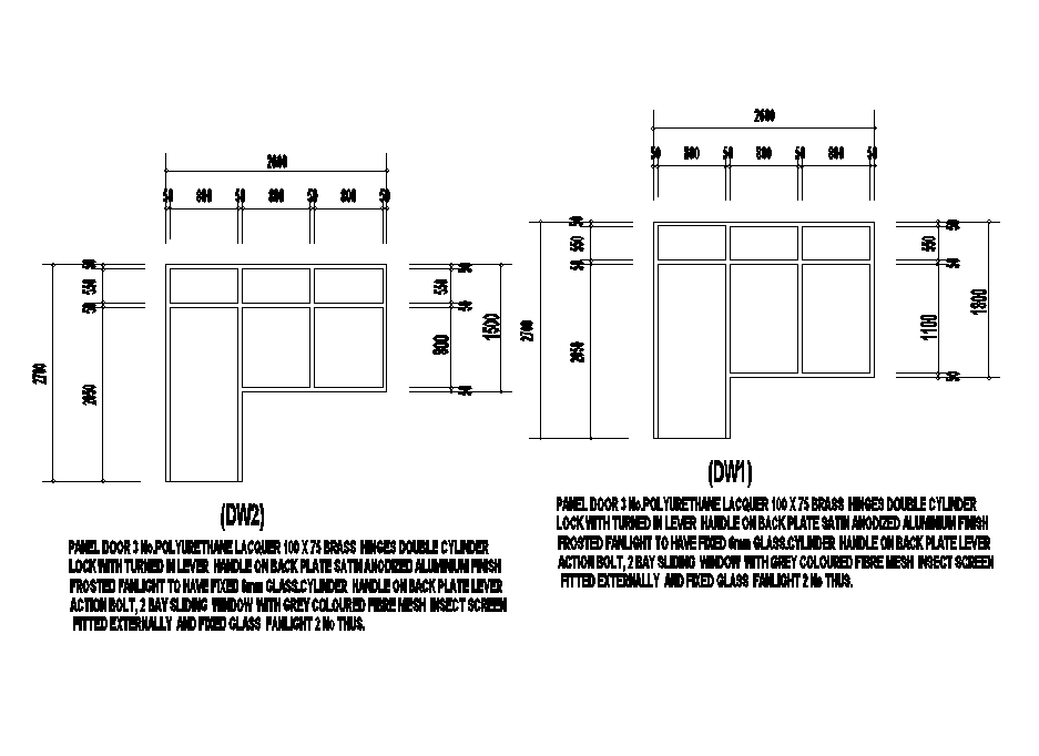 2600x2700mm door cum window plan is given in this autocad drawing file. Download now.