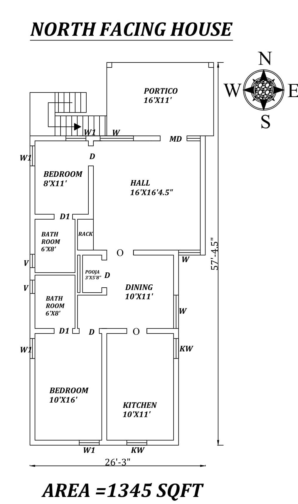 26'3"X57'5" Amazing North facing 2bhk house plan as per Vastu Shastra. Autocad DWG and Pdf file details.