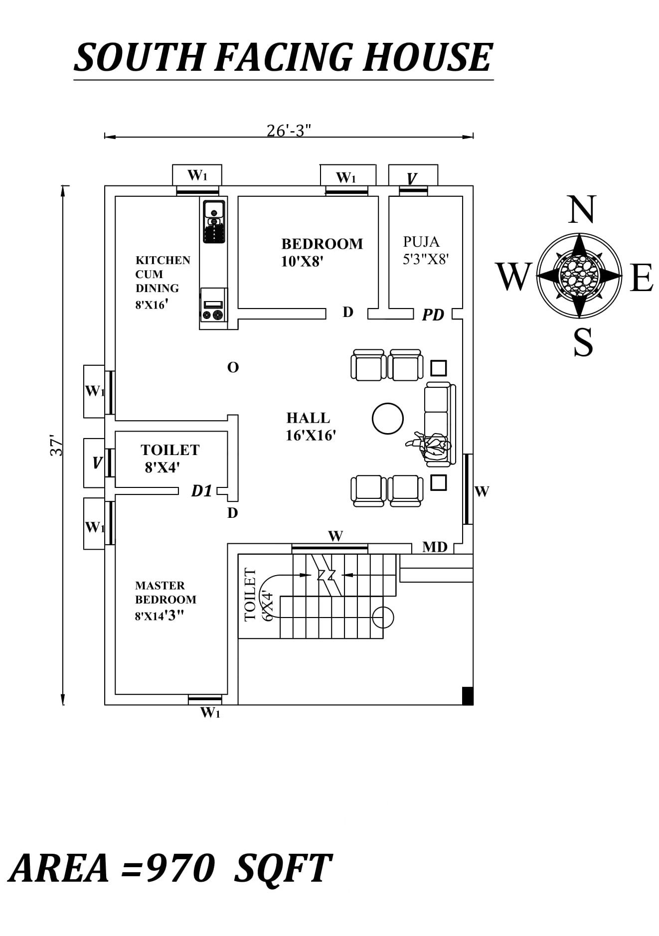 26'3"x 37' 2bhk Awesome South facing House Plan As Per Vastu Shastra,Autocad DWG and Pdf file details.