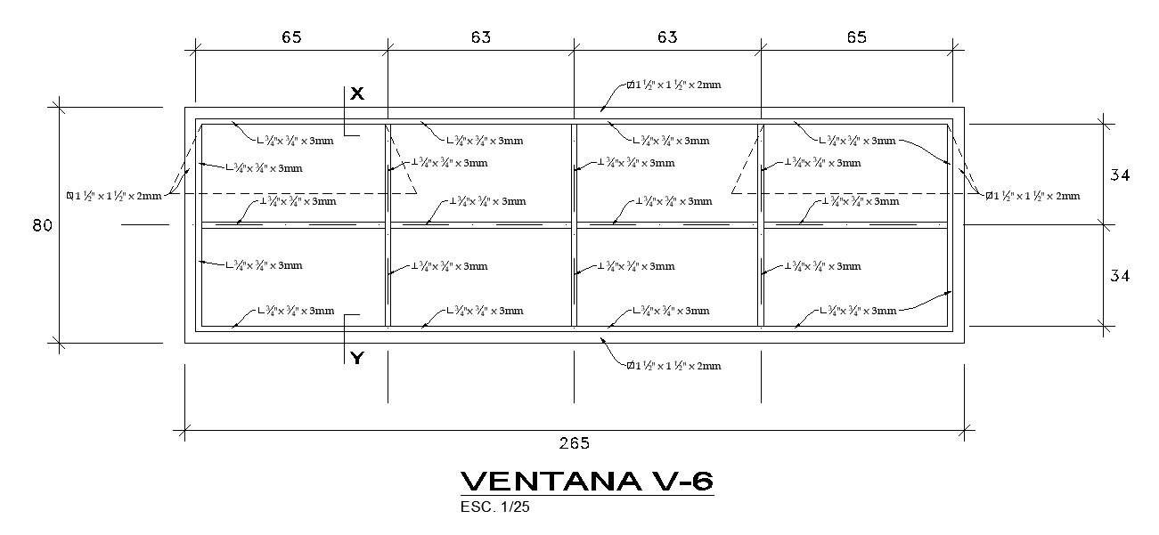 265x80cm window plan AutoCAD drawing is given in this file