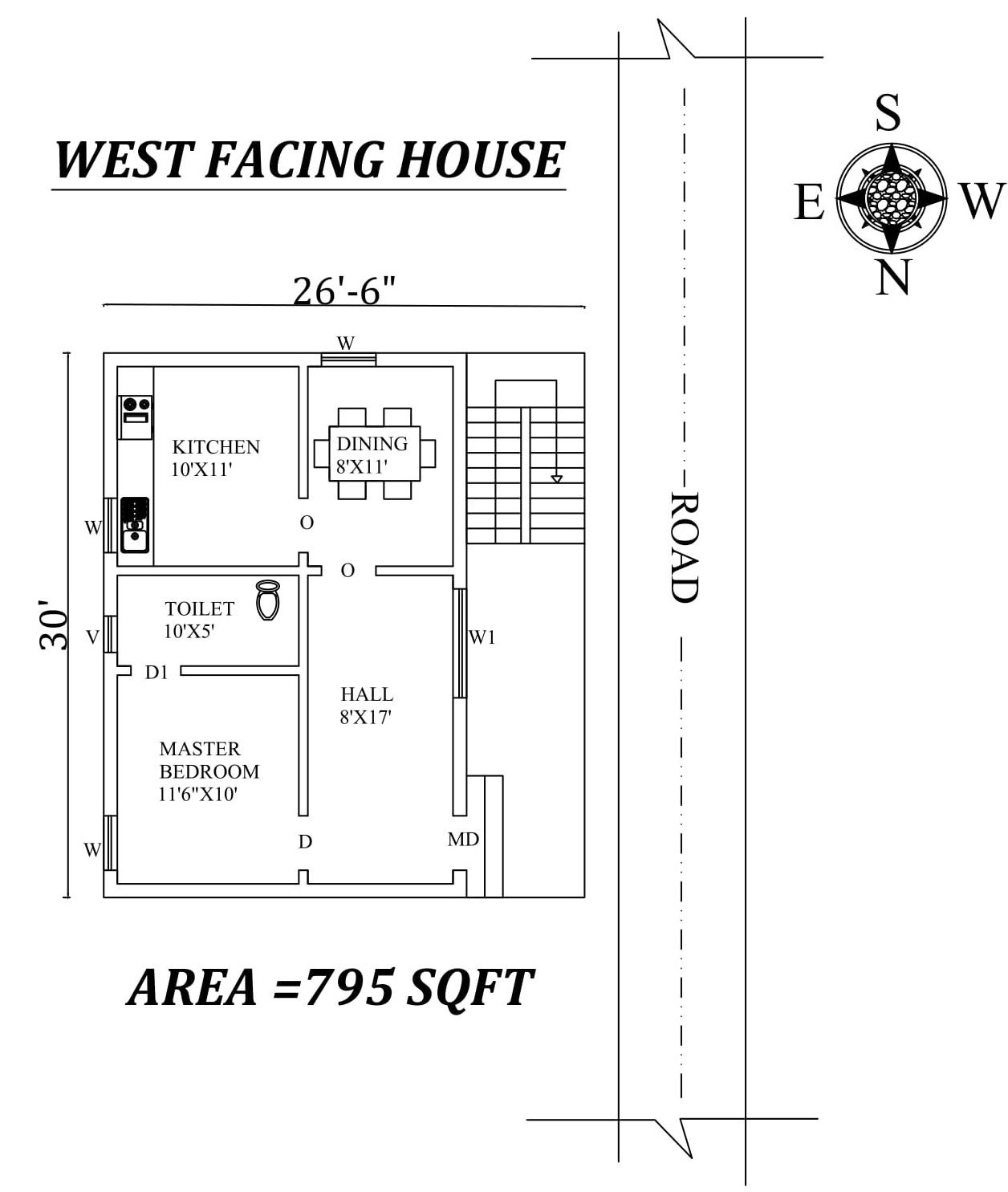 26'6"x30' Single bhk West facing House Plan As Per Vastu Shastra,Autocad DWG and Pdf file details.