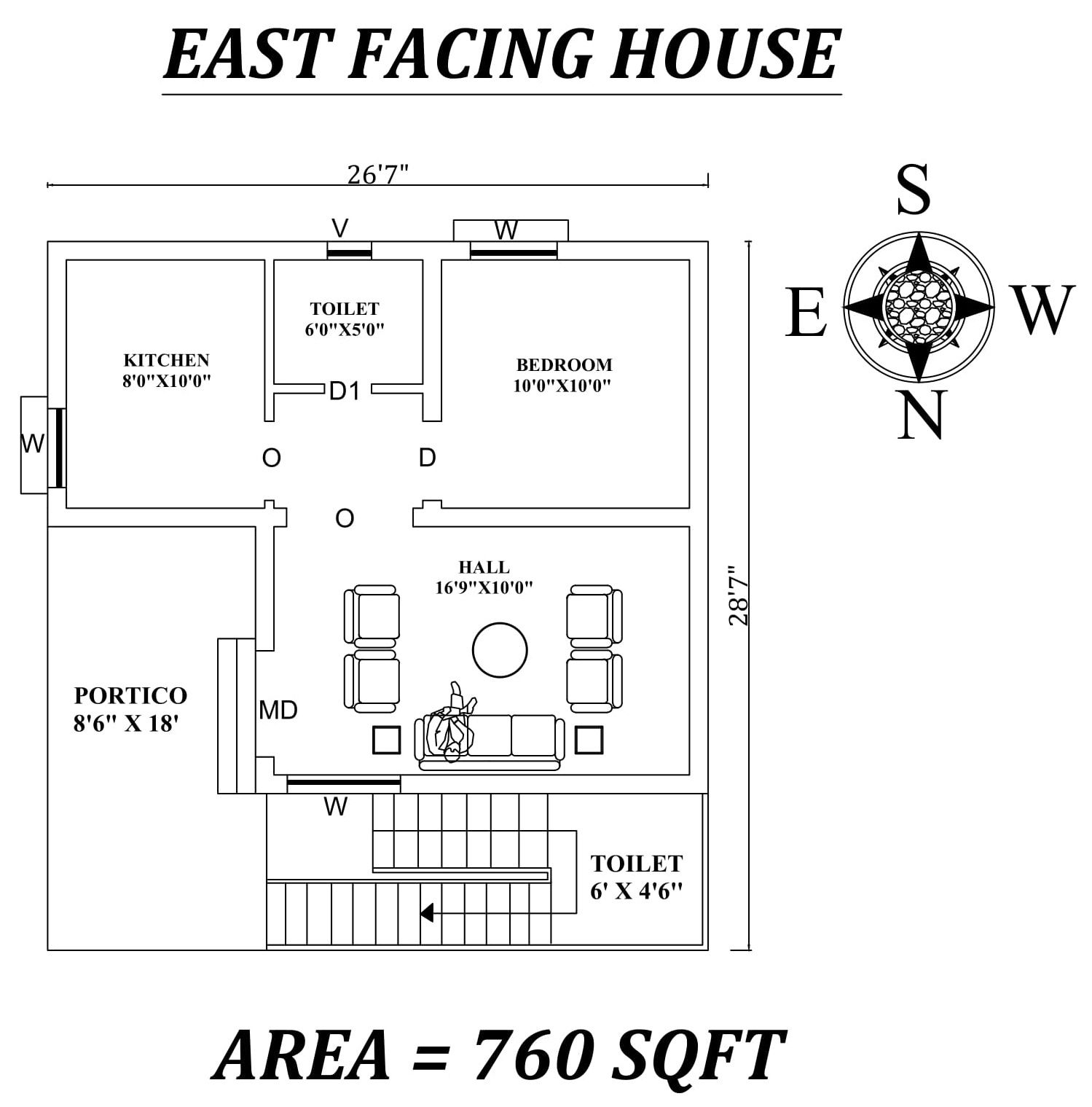 26'7"x28'7" Single bhk East facing House Plan As Per Vastu Shastra.Autocad DWG and Pdf file details