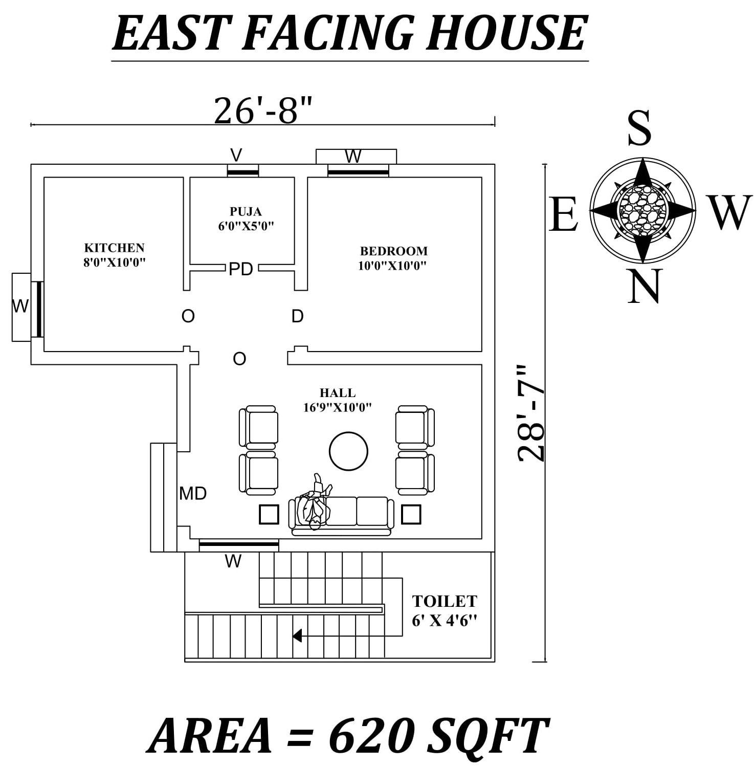 26'8" X28'7" Amazing East Facing SIngle BHk House Plan As Per Vasthu Shastra, Autocad DWG file Details.