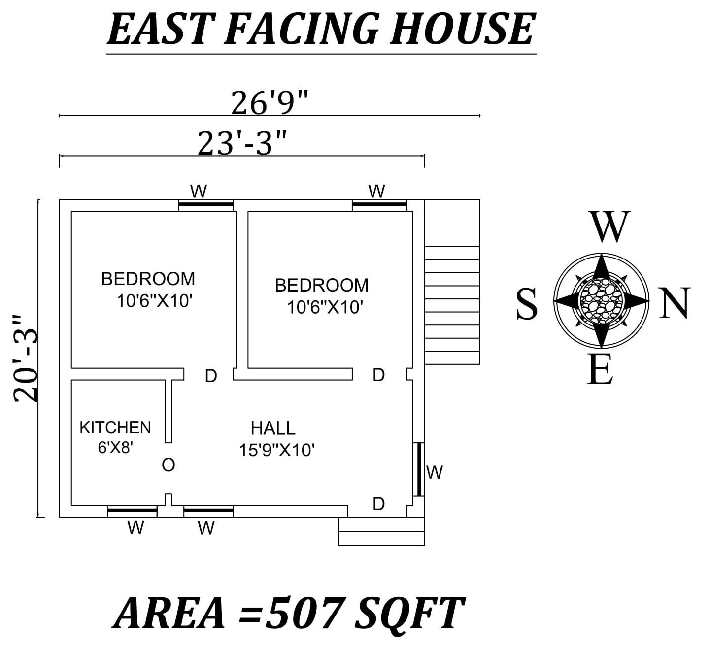 26'9"x20'3" Small 2bhk East facing House Plan As Per Vastu ShastraAutocad dwg and pdf file details