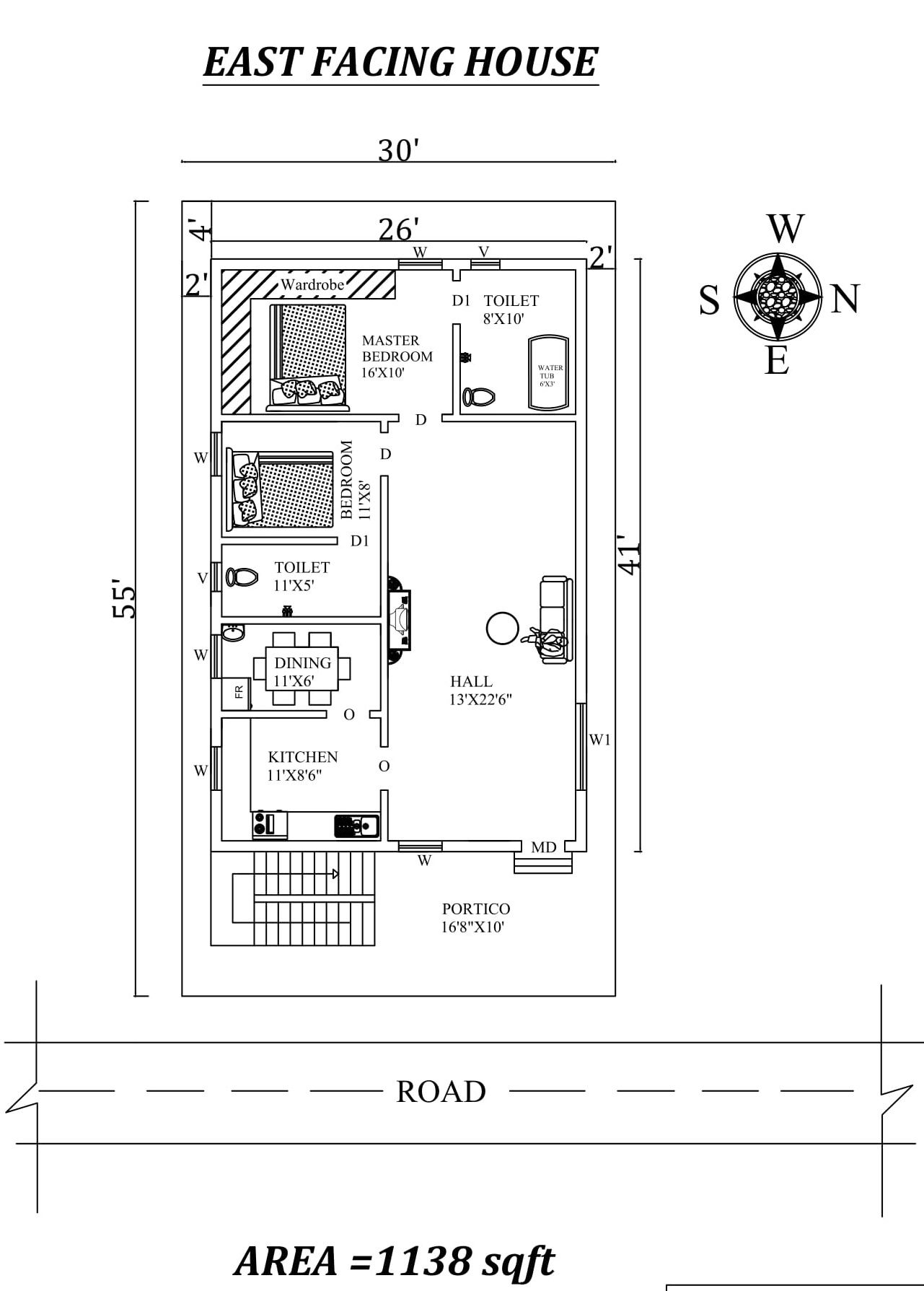 26'X41' The Perfect Fully Furnished 2bhk East facing House Plan Layout As Per Vastu Shastra,Autocad DWG and Pdf file details.